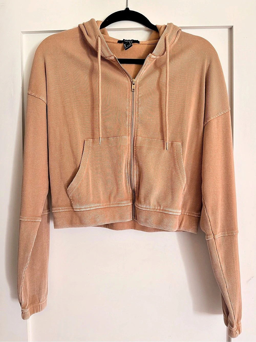 Forever 21 Distressed Brown Cropped Ribbed Hoodie